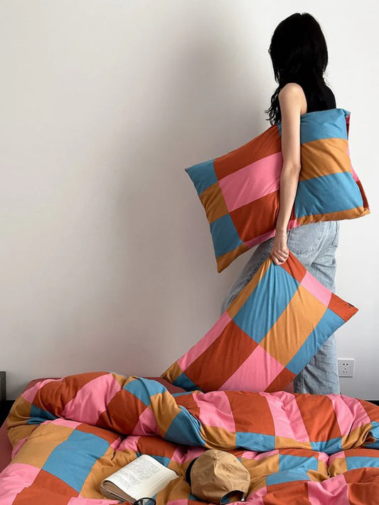 Rainbow Checker Queen Duvet Cover Set with Pillowcases & Fitted Sheet