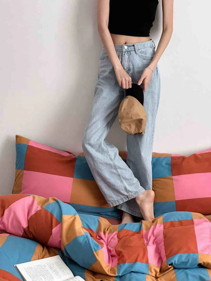 Rainbow Checker Queen Duvet Cover Set with Pillowcases & Fitted Sheet