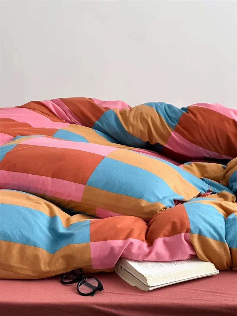 Rainbow Checker Queen Duvet Cover Set with Pillowcases & Fitted Sheet