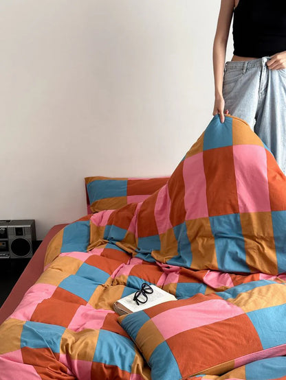 Rainbow Checker Queen Duvet Cover Set with Pillowcases & Fitted Sheet