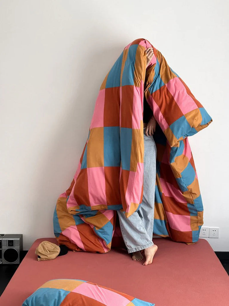 Rainbow Checker Queen Duvet Cover Set with Pillowcases & Fitted Sheet