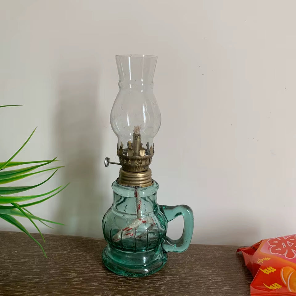 Green Oil Lamps for Indoor Use Hurricane Glass Lamp with Handle,Vintage Lantern for Home Emergency Lighting