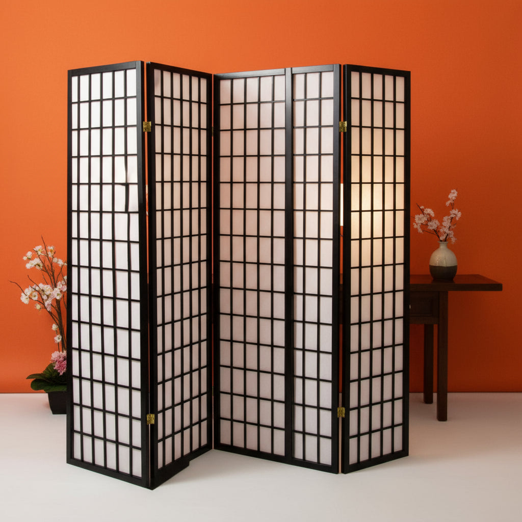70 Tall 4-Panel Screen / Room Divider, Japanese Style with Black Finish