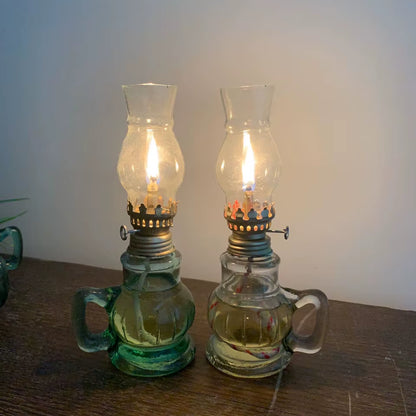 Green Oil Lamps for Indoor Use Hurricane Glass Lamp with Handle,Vintage Lantern for Home Emergency Lighting
