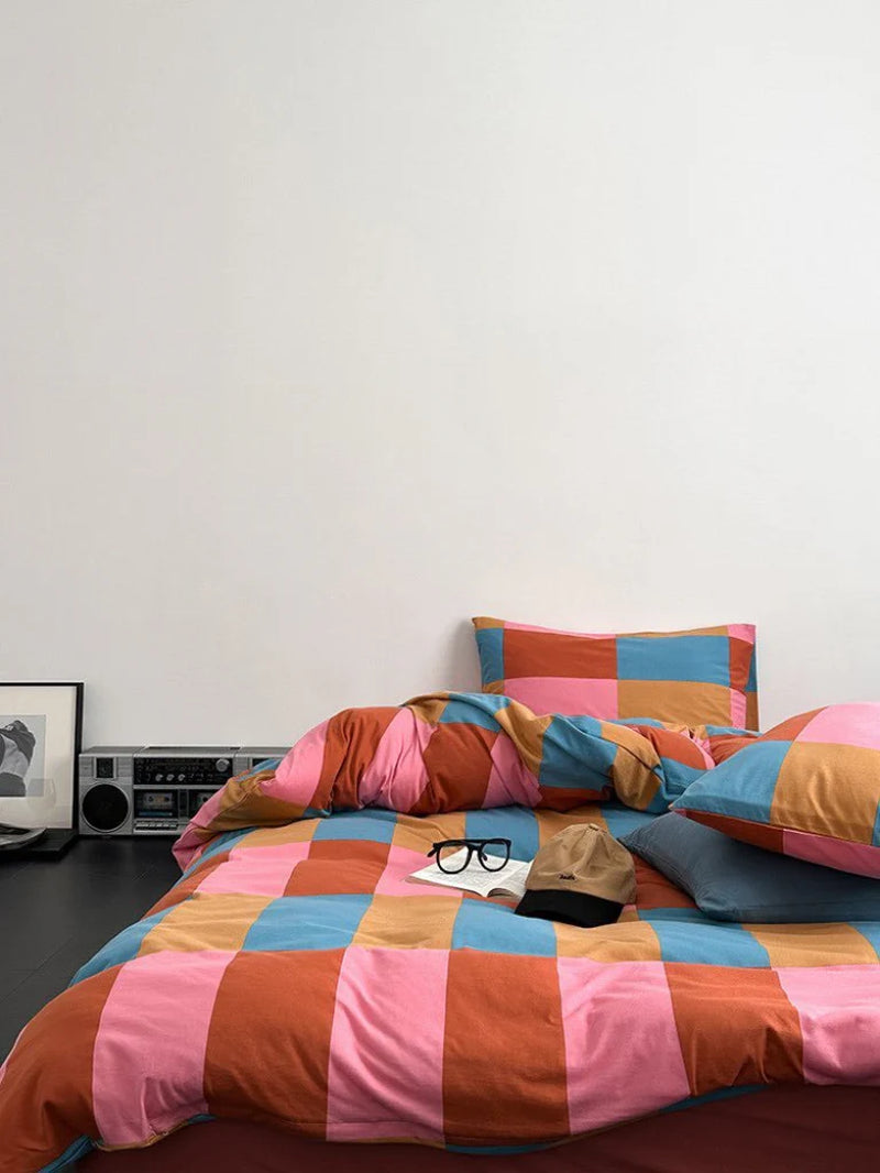 Rainbow Checker Queen Duvet Cover Set with Pillowcases & Fitted Sheet