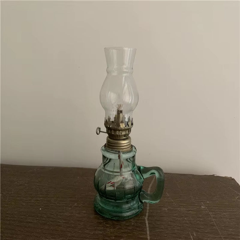 Green Oil Lamps for Indoor Use Hurricane Glass Lamp with Handle,Vintage Lantern for Home Emergency Lighting