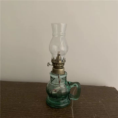 Green Oil Lamps for Indoor Use Hurricane Glass Lamp with Handle,Vintage Lantern for Home Emergency Lighting