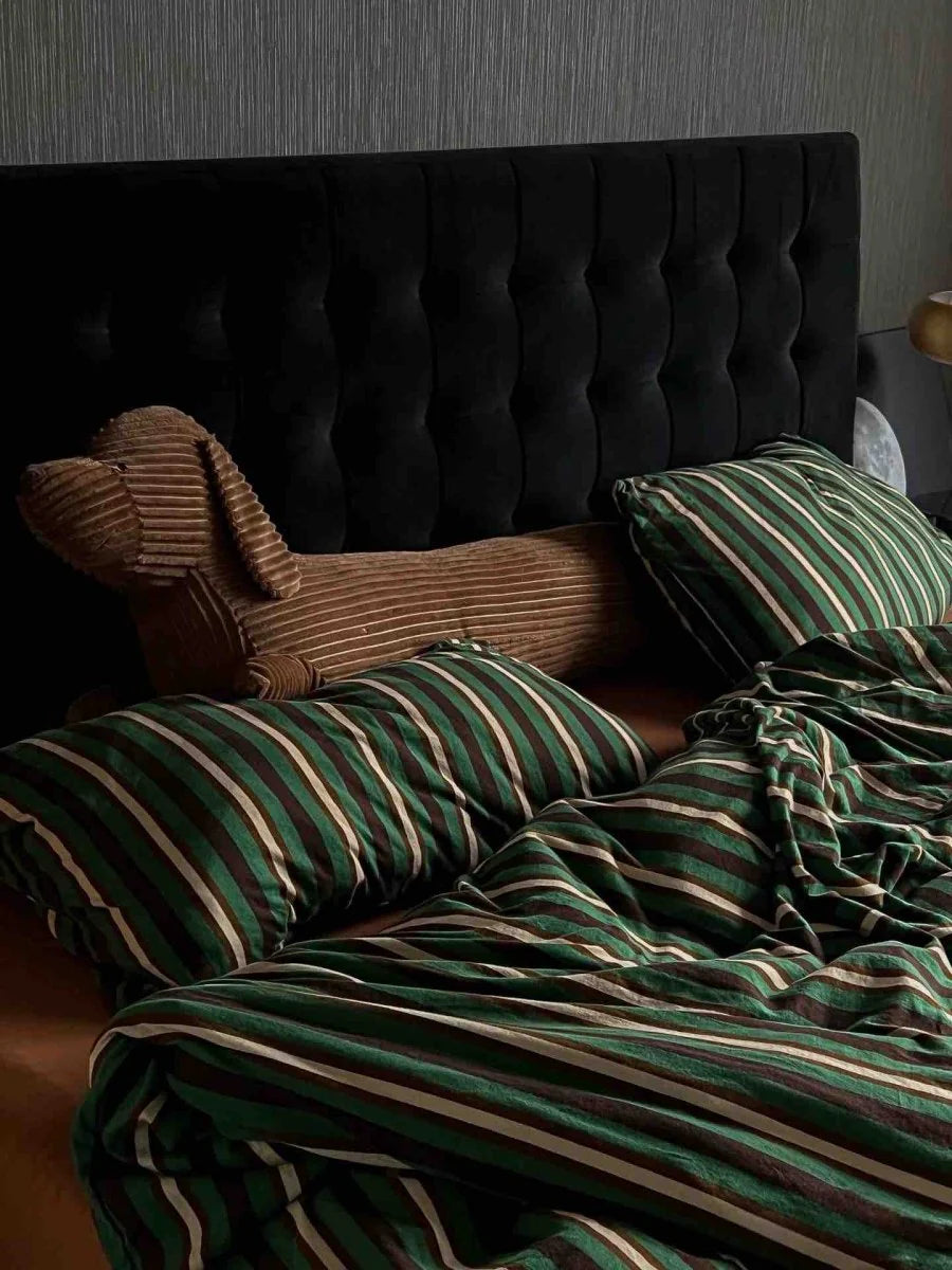 Retro Jersey Knit Stripe Queen Duvet Cover Set with Pillowcases & Fitted Sheet