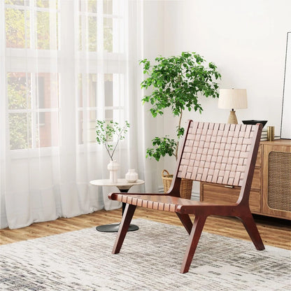Woven Leather Accent Chair with Wood Frame Armless Reading Side Chair
