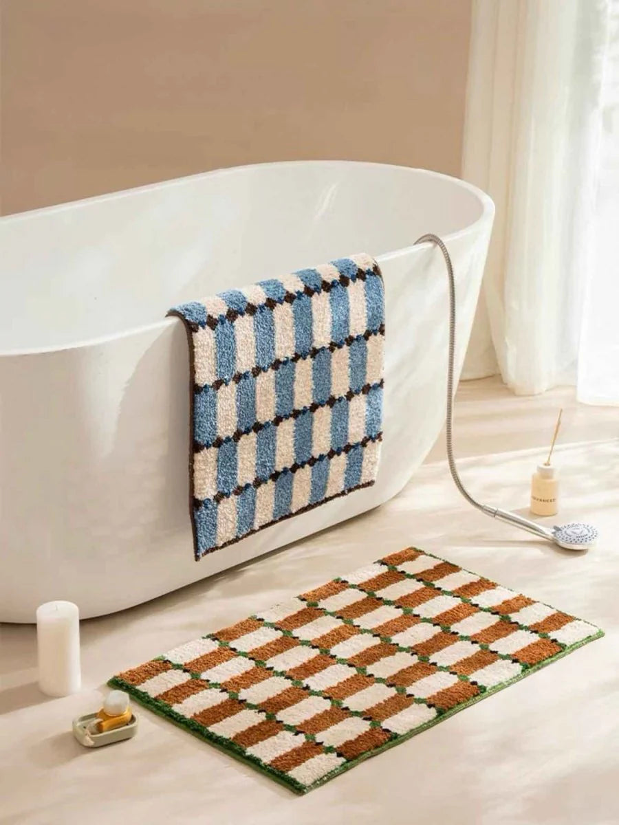 Retro Checker Bath Rug, Machine-Washable, Ultra Soft & Absorbent
