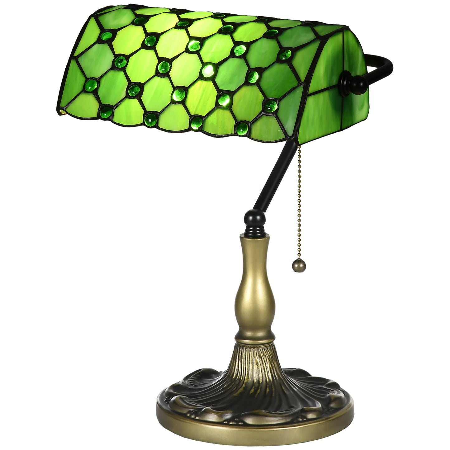Stained Glass Table Lamp, Vintage Lamp with Green Handmade Shade, Metal Base, Antique Bedside Lamp for Bedroom Living Room Home Decoration-0