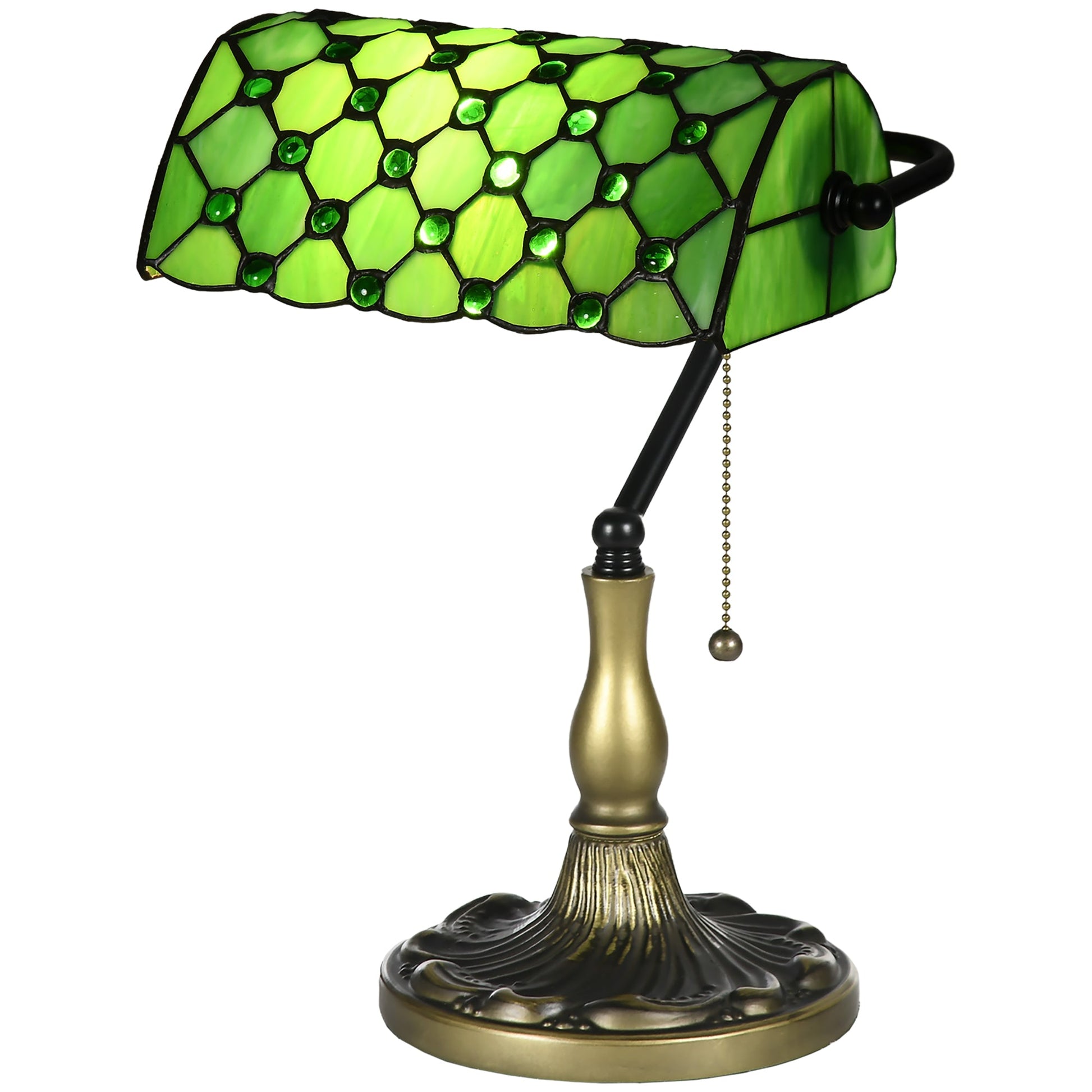 Stained Glass Table Lamp, Vintage Lamp with Green Handmade Shade, Metal Base, Antique Bedside Lamp for Bedroom Living Room Home Decoration-0